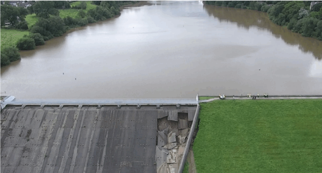 The dam at the Toddbrook Reservoir partially collapsed after a heavy storm, making flood prevention the primary task for emergency services.